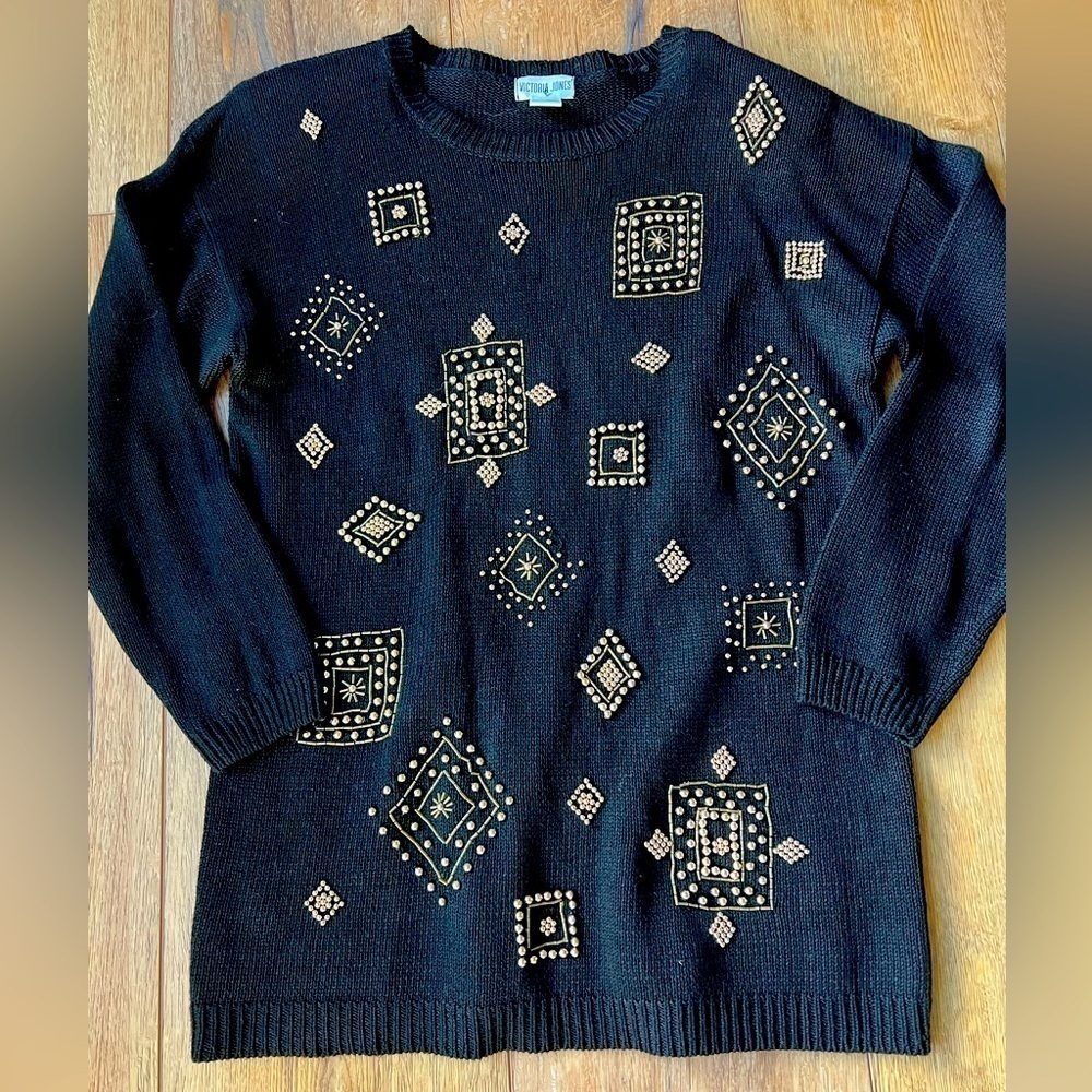 Vintage Victoria Jones Pullover Crew Sweater Gold Beaded Shoulder Pads / Small